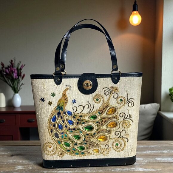 Vintage Handbags - Vintage 60's Embellished Jeweled Peacock Box Bag Handbag